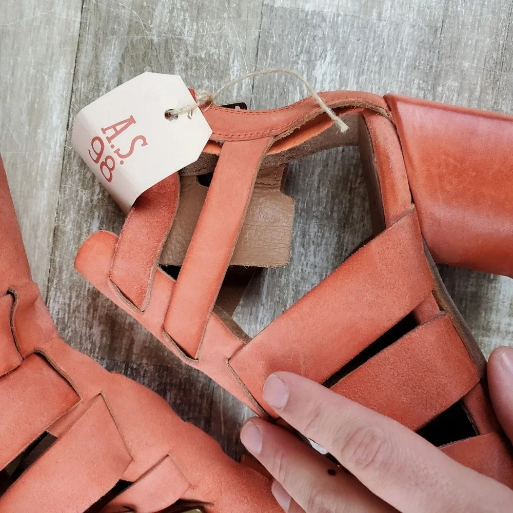 AS98‎ Evie Booties Orange Suede Strappy Cut Out Block Heel Sz 6.5 - 7 EU 37 NWOB